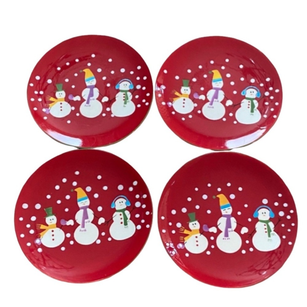 Pier 1 Snow Ball Festive Snowman Holiday Plates-Red.8.5” Diameter. Set of 4.